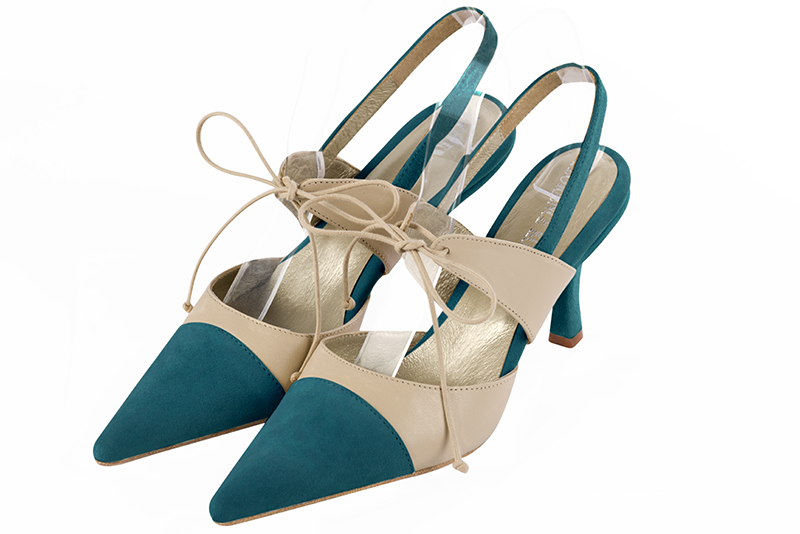 Peacock blue and champagne beige women's open back shoes, with an instep strap. Pointed toe. High slim heel. Front view - Florence KOOIJMAN